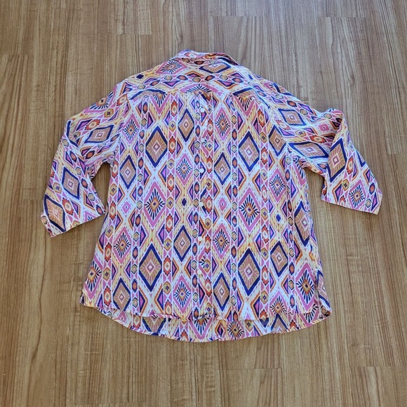 Chicos Top Shirt Womens Large Pink Linen Southwest Button Front Casual Career - Picture 14 of 16